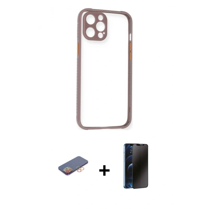 MARSİLYAN™- iPhone 12 Pro Kılıf Nova Asil Özel Seri - Siyah 3D Antistatik Hayalet Cam Ekran Koruyucu + Renkli Kamera Lens Koruma Cam - TU