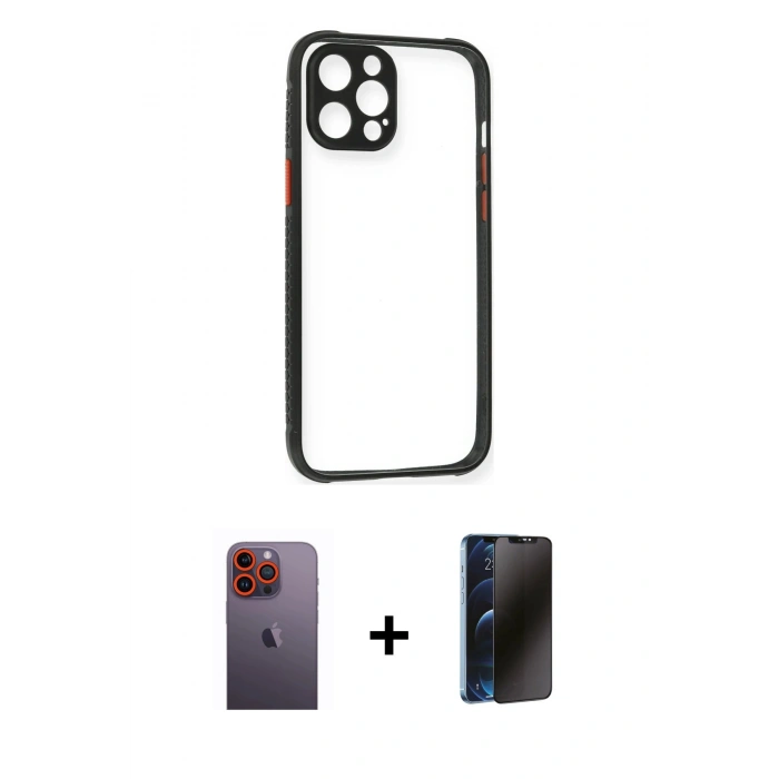 MARSİLYAN™- iPhone 12 Pro Kılıf Nova Asil Özel Seri - Siyah 3D Antistatik Hayalet Cam Ekran Koruyucu + Neon Fosforlu Kamera Lens - TU