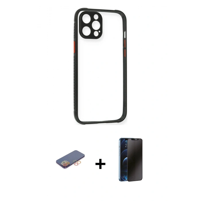 MARSİLYAN™- iPhone 12 Pro Kılıf Nova Asil Özel Seri - Siyah 3D Antistatik Hayalet Cam Ekran Koruyucu + Renkli Kamera Lens Koruma Cam - TU