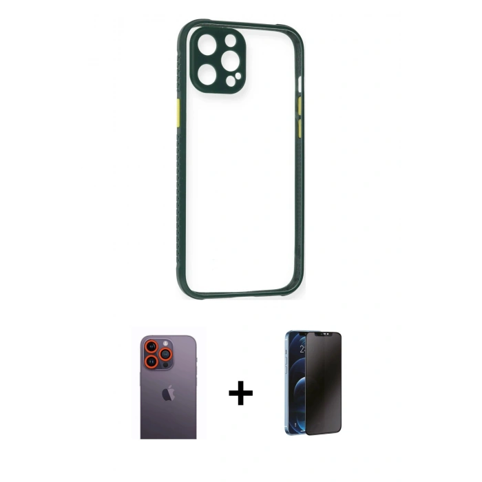 MARSİLYAN™- iPhone 12 Pro Kılıf Nova Asil Özel Seri - Siyah 3D Antistatik Hayalet Cam Ekran Koruyucu + Neon Fosforlu Kamera Lens - TU