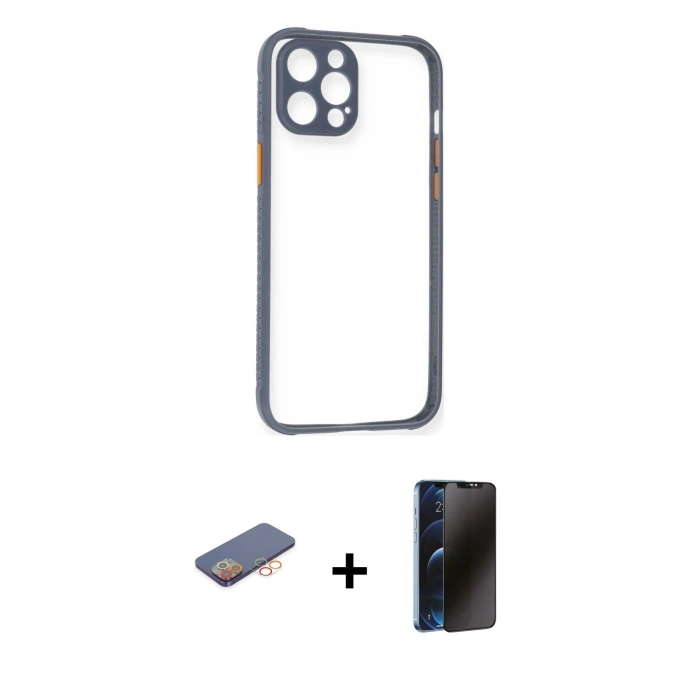 MARSİLYAN™- iPhone 12 Pro Kılıf Nova Asil Özel Seri - Siyah 3D Antistatik Hayalet Cam Ekran Koruyucu + Renkli Kamera Lens Koruma Cam - TU