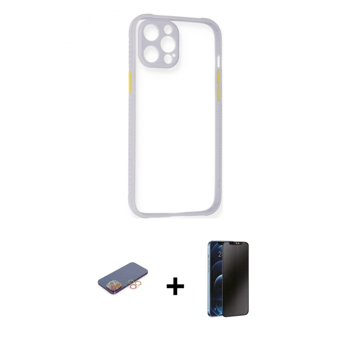 MARSİLYAN™- iPhone 12 Pro Kılıf Nova Asil Özel Seri - Siyah 3D Antistatik Hayalet Cam Ekran Koruyucu + Renkli Kamera Lens Koruma Cam - TU