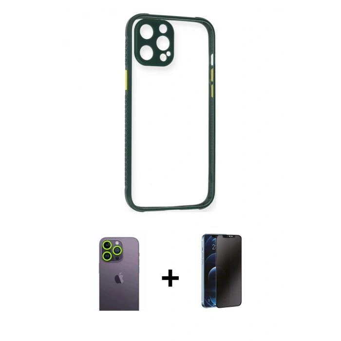 MARSİLYAN™- iPhone 12 Pro Kılıf Nova Asil Özel Seri - Siyah 3D Antistatik Hayalet Cam Ekran Koruyucu + Neon Fosforlu Kamera Lens - YL