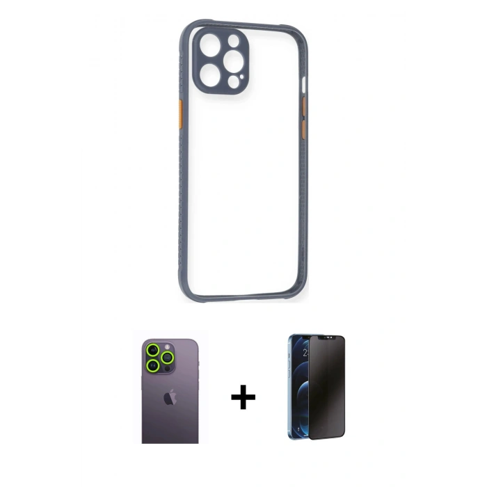 MARSİLYAN™- iPhone 12 Pro Kılıf Nova Asil Özel Seri - Siyah 3D Antistatik Hayalet Cam Ekran Koruyucu + Neon Fosforlu Kamera Lens - YL