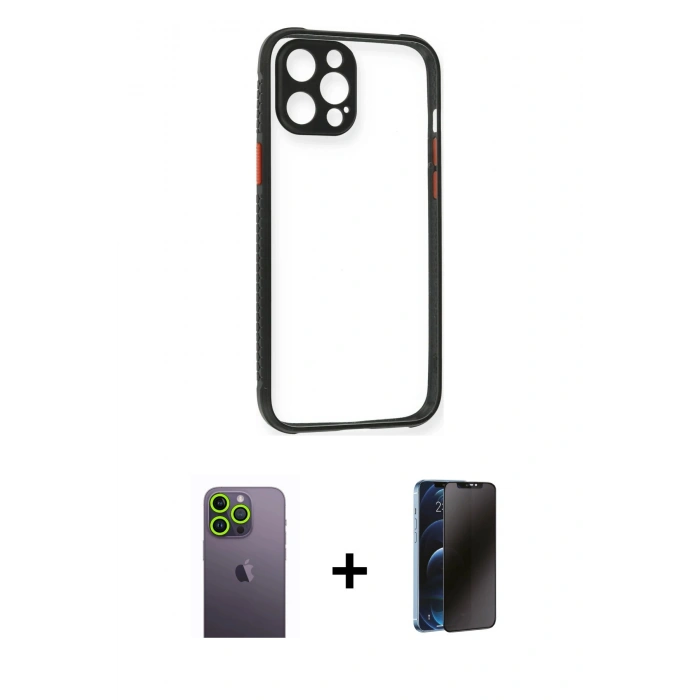 MARSİLYAN™- iPhone 12 Pro Kılıf Nova Asil Özel Seri - Siyah 3D Antistatik Hayalet Cam Ekran Koruyucu + Neon Fosforlu Kamera Lens - YL
