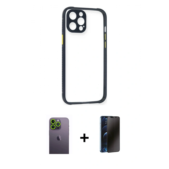 MARSİLYAN™- iPhone 12 Pro Kılıf Nova Asil Özel Seri - Siyah 3D Antistatik Hayalet Cam Ekran Koruyucu + Neon Fosforlu Kamera Lens - YL