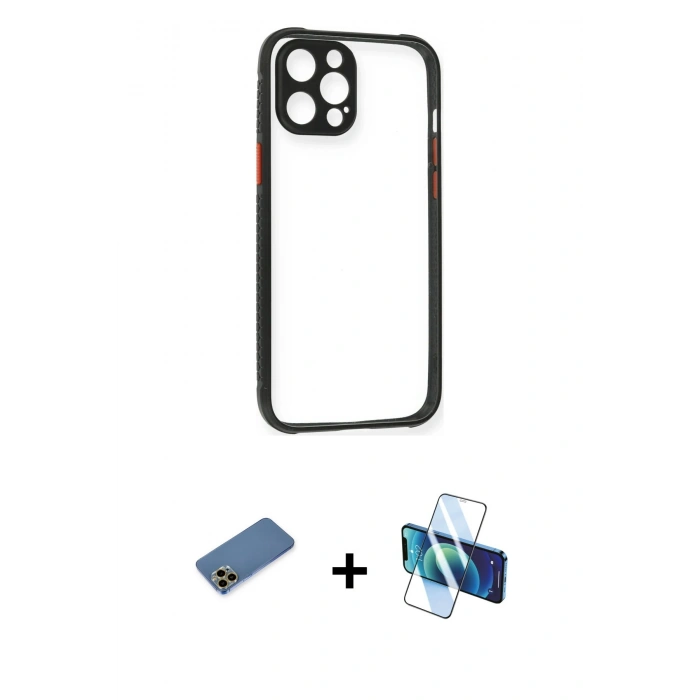 MARSİLYAN™- iPhone 12 Pro Kılıf Nova Asil Özel Seri - Siyah 3D Antistatik Seramik Nano Ekran Koruyucu + Shine Kamera Lens Koruma Cam - GD