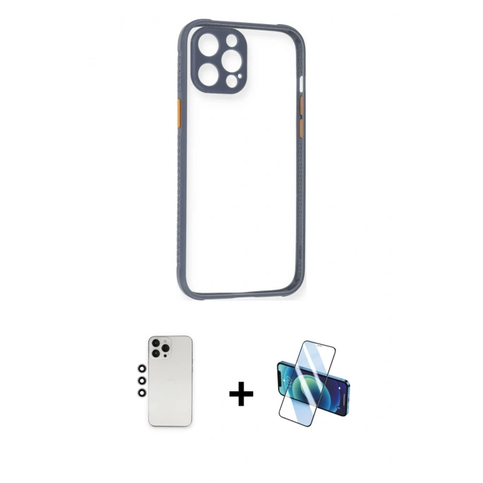 MARSİLYAN™- iPhone 12 Pro Kılıf Nova Asil Özel Seri - Siyah 3D Antistatik Seramik Nano Ekran Koruyucu + Gümüş Shine Kamera Lens