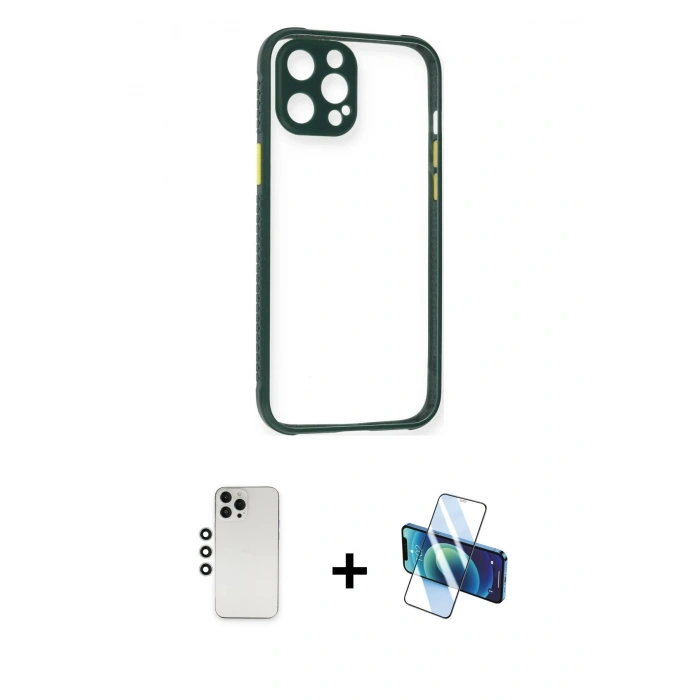 MARSİLYAN™- iPhone 12 Pro Kılıf Nova Asil Özel Seri - Siyah 3D Antistatik Seramik Nano Ekran Koruyucu + Gümüş Shine Kamera Lens