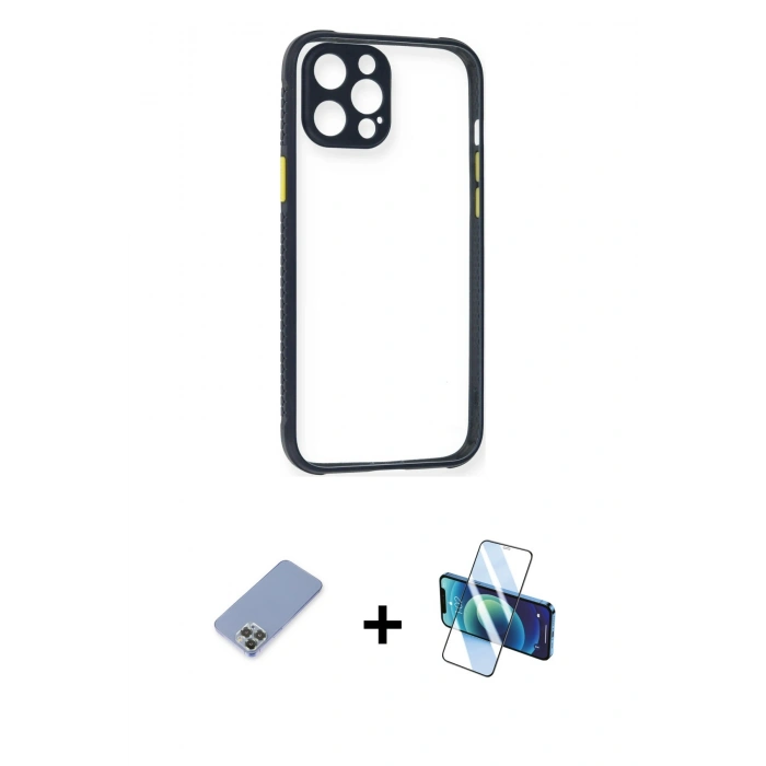 MARSİLYAN™- iPhone 12 Pro Kılıf Nova Asil Özel Seri - Siyah 3D Antistatik Seramik Nano Ekran Koruyucu + Koyu Yeşil Metal Kamera Lens Koruma Cam