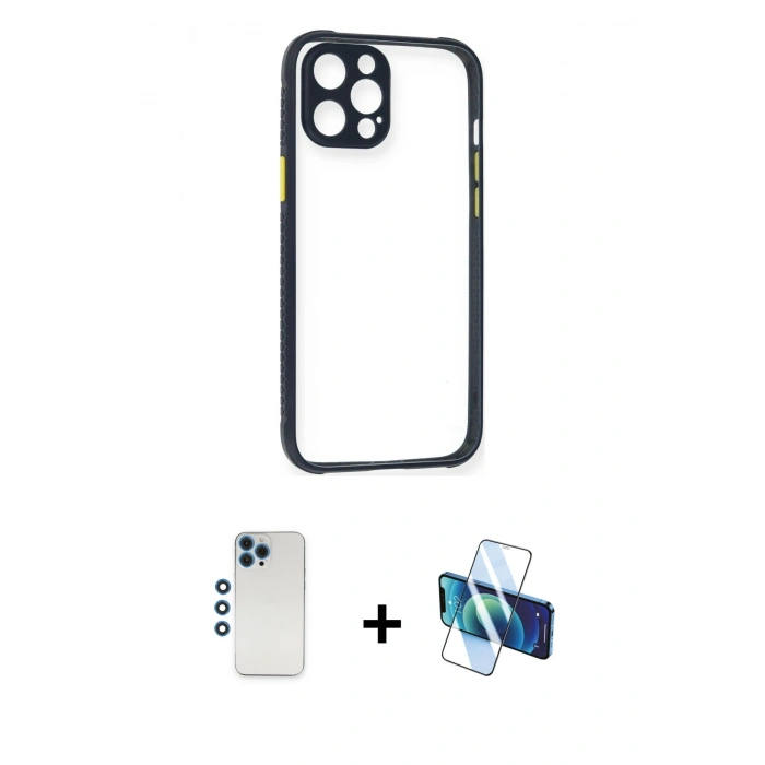 MARSİLYAN™- iPhone 12 Pro Kılıf Nova Asil Özel Seri - Siyah 3D Antistatik Seramik Nano Ekran Koruyucu + Shine Kamera Lens - MI
