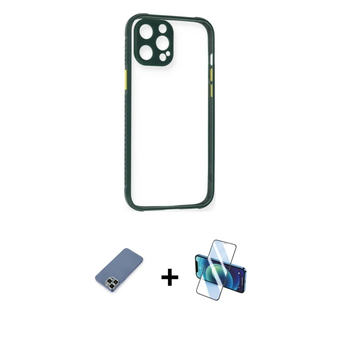 MARSİLYAN™- iPhone 12 Pro Kılıf Nova Asil Özel Seri - Siyah 3D Antistatik Seramik Nano Ekran Koruyucu + Metal Kamera Lens Koruma Cam - AKYL