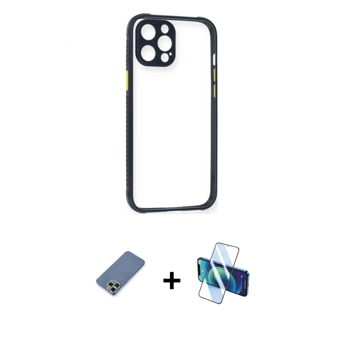 MARSİLYAN™- iPhone 12 Pro Kılıf Nova Asil Özel Seri - Siyah 3D Antistatik Seramik Nano Ekran Koruyucu + Metal Kamera Lens Koruma Cam - AKYL