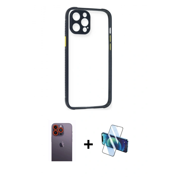 MARSİLYAN™- iPhone 12 Pro Kılıf Nova Asil Özel Seri - Siyah 3D Antistatik Seramik Nano Ekran Koruyucu + Neon Fosforlu Kamera Lens - TU