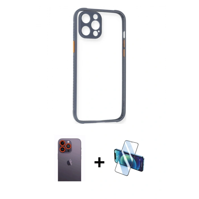 MARSİLYAN™- iPhone 12 Pro Kılıf Nova Asil Özel Seri - Siyah 3D Antistatik Seramik Nano Ekran Koruyucu + Neon Fosforlu Kamera Lens - TU