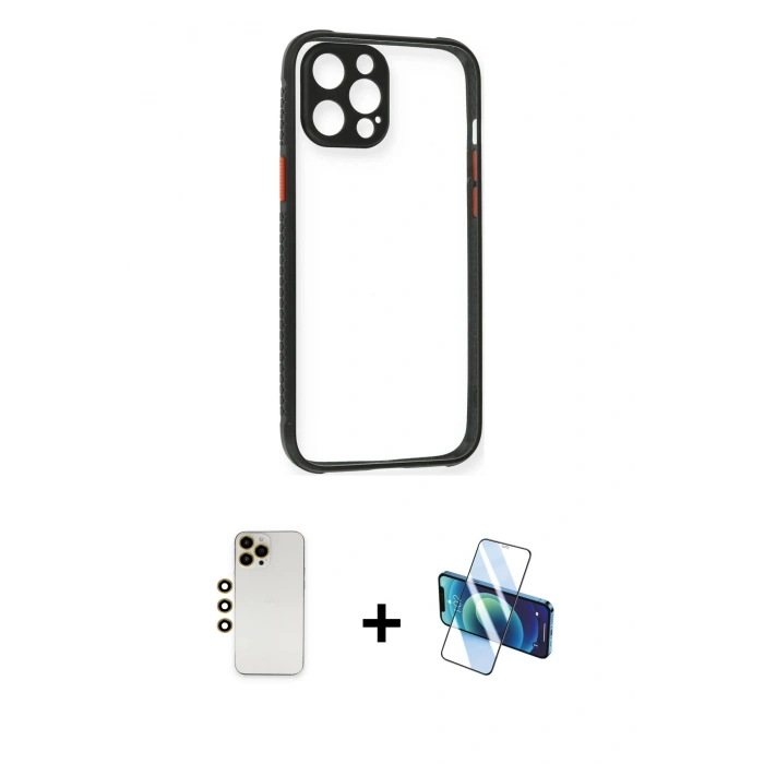 MARSİLYAN™- iPhone 12 Pro Kılıf Nova Asil Özel Seri - Siyah 3D Antistatik Seramik Nano Ekran Koruyucu + Shine Kamera Lens - GD