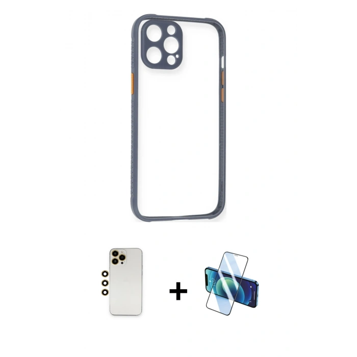 MARSİLYAN™- iPhone 12 Pro Kılıf Nova Asil Özel Seri - Siyah 3D Antistatik Seramik Nano Ekran Koruyucu + Shine Kamera Lens - GD
