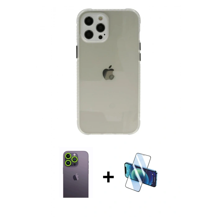 MARSİLYAN™- iPhone 12 Pro Kılıf Nova Asil Özel Seri - Siyah 3D Antistatik Seramik Nano Ekran Koruyucu + Neon Fosforlu Kamera Lens - YL