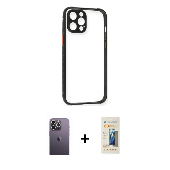 MARSİLYAN™- iPhone 12 Pro Kılıf Nova Asil Özel Seri - Siyah 6D Mat Seramik Hayalet Nano Ekran Koruyucu + Neon Fosforlu Kamera Lens - BZ