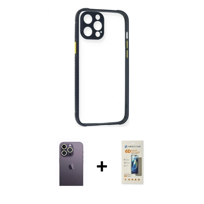 MARSİLYAN™- iPhone 12 Pro Kılıf Nova Asil Özel Seri - Siyah 6D Mat Seramik Hayalet Nano Ekran Koruyucu + Neon Fosforlu Kamera Lens - BZ