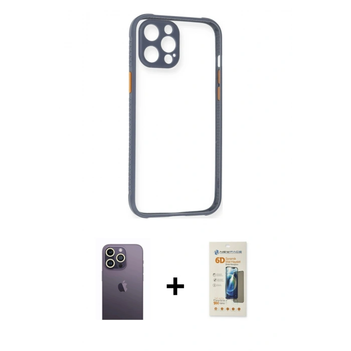 MARSİLYAN™- iPhone 12 Pro Kılıf Nova Asil Özel Seri - Siyah 6D Mat Seramik Hayalet Nano Ekran Koruyucu + Neon Fosforlu Kamera Lens - BZ