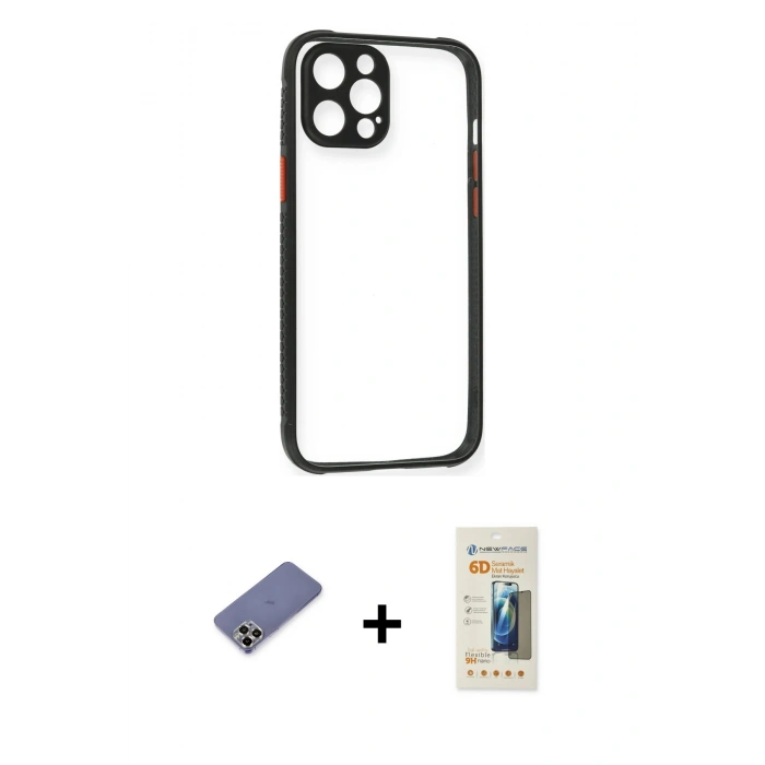 MARSİLYAN™- iPhone 12 Pro Kılıf Nova Asil Özel Seri - Siyah 6D Mat Seramik Hayalet Nano Ekran Koruyucu + Metal Kamera Lens Koruma Cam - GD
