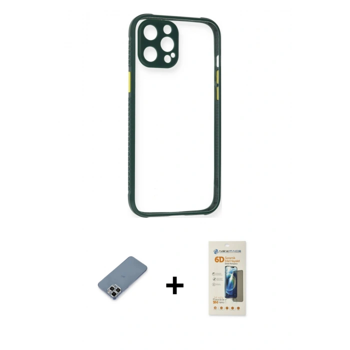 MARSİLYAN™- iPhone 12 Pro Kılıf Nova Asil Özel Seri - Siyah 6D Mat Seramik Hayalet Nano Ekran Koruyucu + Metal Kamera Lens Koruma Cam - GS