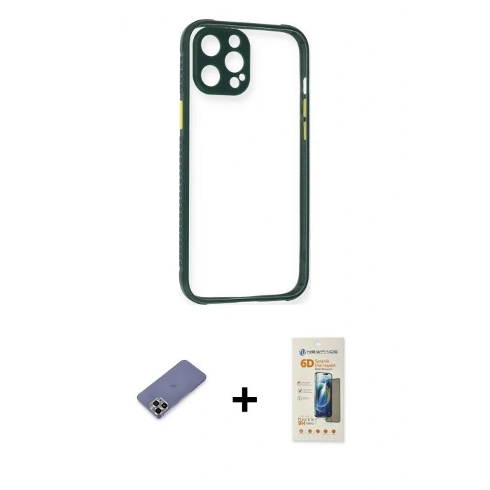 MARSİLYAN™- iPhone 12 Pro Kılıf Nova Asil Özel Seri - Siyah 6D Mat Seramik Hayalet Nano Ekran Koruyucu + Metal Kamera Lens Koruma Cam - GD