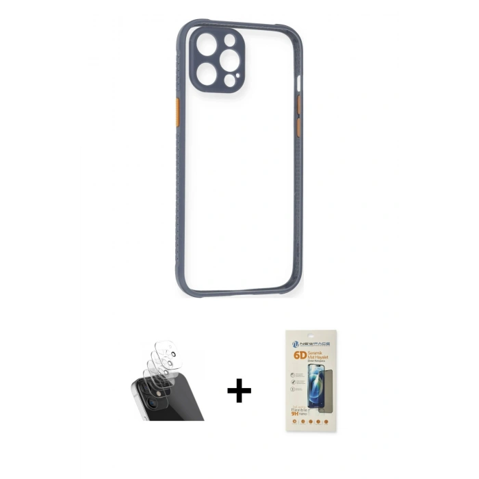 MARSİLYAN™- iPhone 12 Pro Kılıf Nova Asil Özel Seri - Siyah 6D Mat Seramik Hayalet Nano Ekran Koruyucu + Kamera Lens Koruma Cam - SF