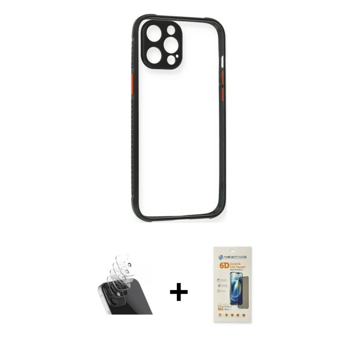 MARSİLYAN™- iPhone 12 Pro Kılıf Nova Asil Özel Seri - Siyah 6D Mat Seramik Hayalet Nano Ekran Koruyucu + Kamera Lens Koruma Cam - SF