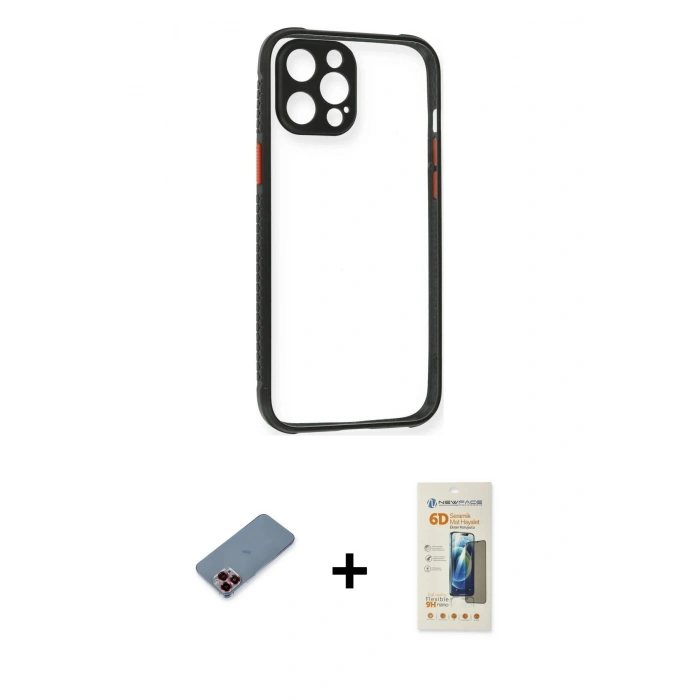MARSİLYAN™- iPhone 12 Pro Kılıf Nova Asil Özel Seri - Siyah 6D Mat Seramik Hayalet Nano Ekran Koruyucu + Metal Kamera Lens Koruma Cam - KI