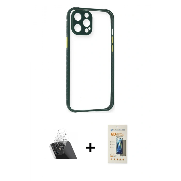 MARSİLYAN™- iPhone 12 Pro Kılıf Nova Asil Özel Seri - Siyah 6D Mat Seramik Hayalet Nano Ekran Koruyucu + Kamera Lens Koruma Cam - SF