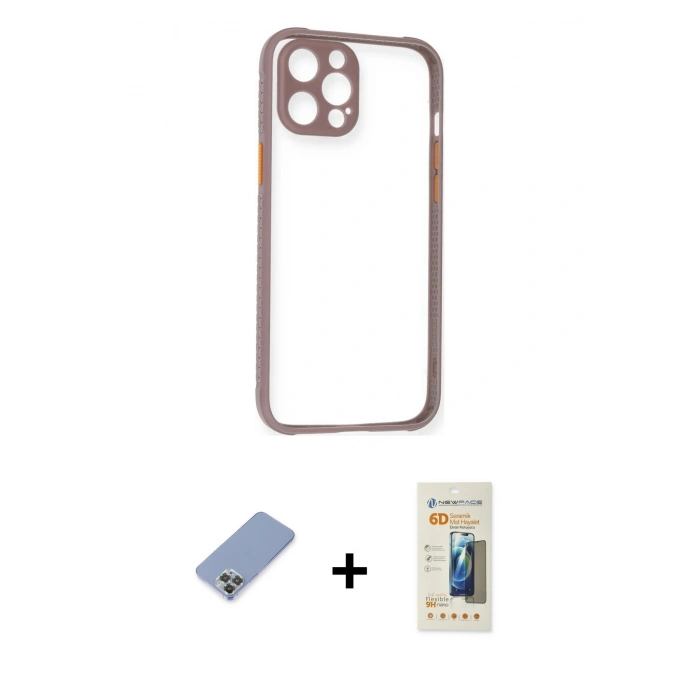 MARSİLYAN™- iPhone 12 Pro Kılıf Nova Asil Özel Seri - Siyah 6D Mat Seramik Hayalet Nano Ekran Koruyucu + Koyu Yeşil Metal Kamera Lens Koruma Cam