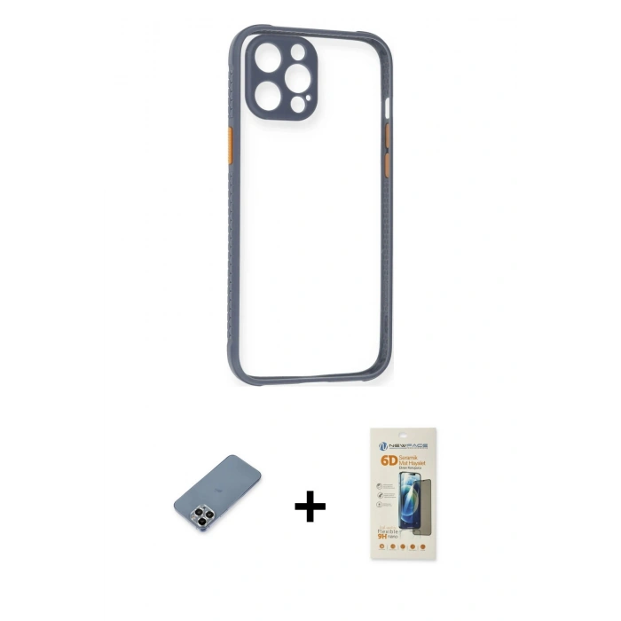 MARSİLYAN™- iPhone 12 Pro Kılıf Nova Asil Özel Seri - Siyah 6D Mat Seramik Hayalet Nano Ekran Koruyucu + Metal Kamera Lens Koruma Cam - GS