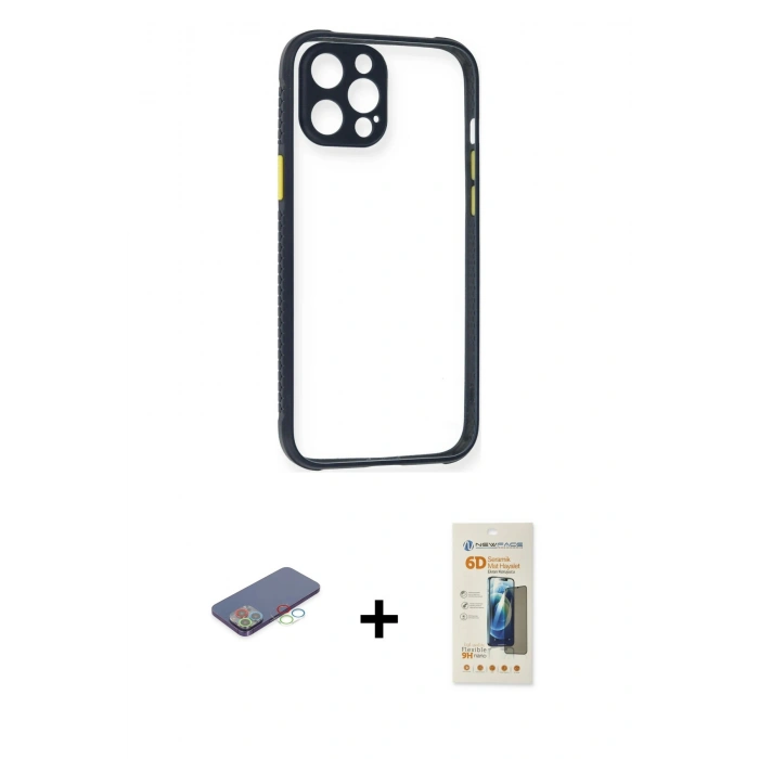 MARSİLYAN™- iPhone 12 Pro Kılıf Nova Asil Özel Seri - Siyah 6D Mat Seramik Hayalet Nano Ekran Koruyucu + Mavi Renkli Kamera Lens Koruma Cam