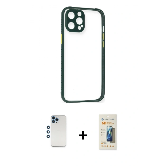 MARSİLYAN™- iPhone 12 Pro Kılıf Nova Asil Özel Seri - Siyah 6D Mat Seramik Hayalet Nano Ekran Koruyucu + Shine Kamera Lens - MI