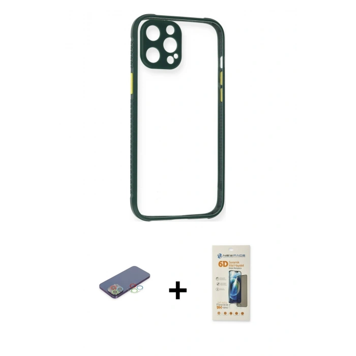 MARSİLYAN™- iPhone 12 Pro Kılıf Nova Asil Özel Seri - Siyah 6D Mat Seramik Hayalet Nano Ekran Koruyucu + Mavi Renkli Kamera Lens Koruma Cam