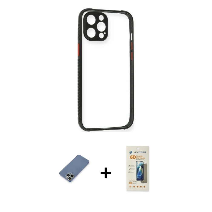 MARSİLYAN™- iPhone 12 Pro Kılıf Nova Asil Özel Seri - Siyah 6D Mat Seramik Hayalet Nano Ekran Koruyucu + Metal Kamera Lens Koruma Cam - AKYL