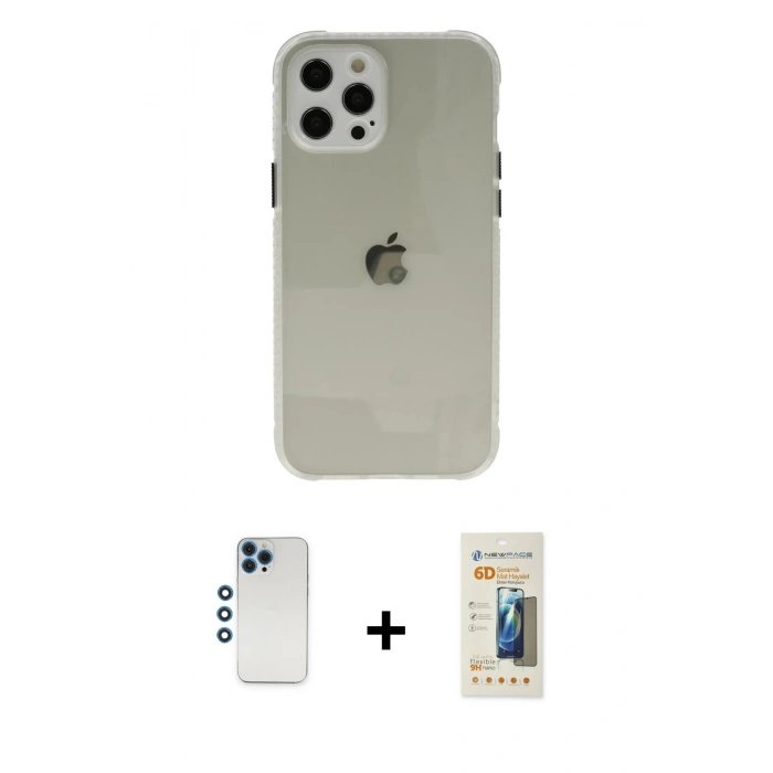 MARSİLYAN™- iPhone 12 Pro Kılıf Nova Asil Özel Seri - Siyah 6D Mat Seramik Hayalet Nano Ekran Koruyucu + Shine Kamera Lens - MI