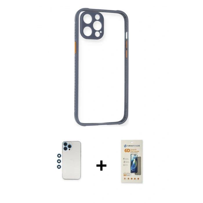 MARSİLYAN™- iPhone 12 Pro Kılıf Nova Asil Özel Seri - Siyah 6D Mat Seramik Hayalet Nano Ekran Koruyucu + Shine Kamera Lens - MI