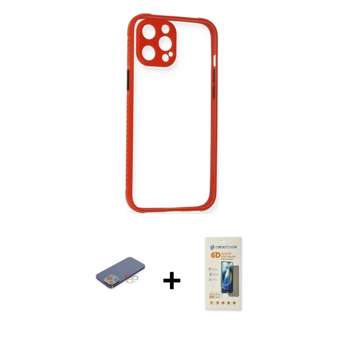 MARSİLYAN™- iPhone 12 Pro Kılıf Nova Asil Özel Seri - Siyah 6D Mat Seramik Hayalet Nano Ekran Koruyucu + Mavi Renkli Kamera Lens Koruma Cam