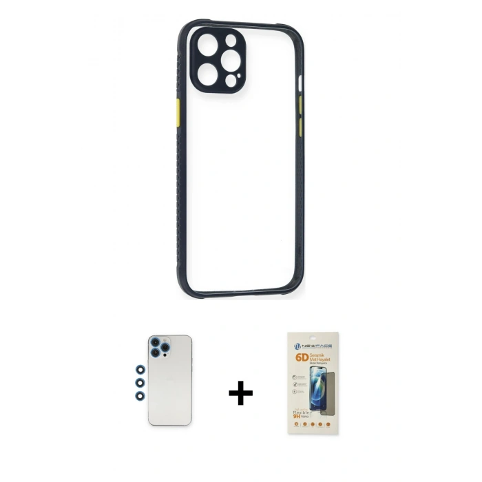 MARSİLYAN™- iPhone 12 Pro Kılıf Nova Asil Özel Seri - Siyah 6D Mat Seramik Hayalet Nano Ekran Koruyucu + Shine Kamera Lens - MI