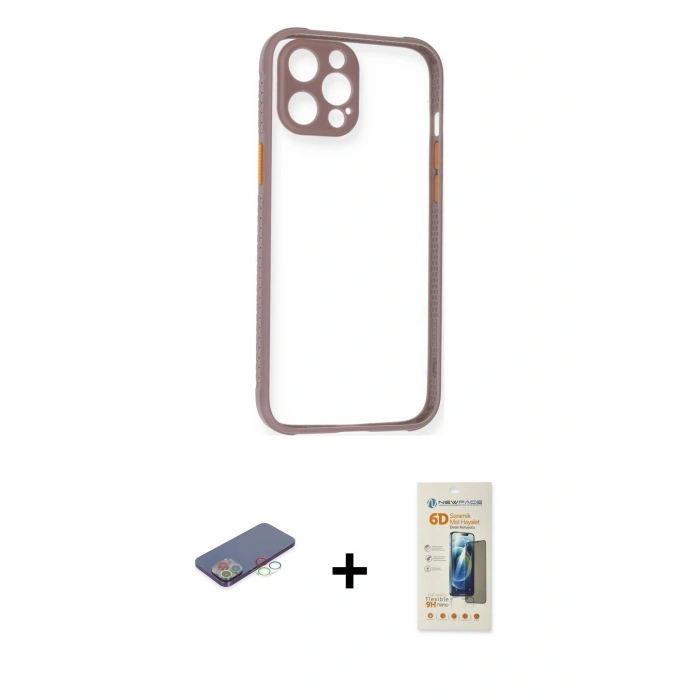 MARSİLYAN™- iPhone 12 Pro Kılıf Nova Asil Özel Seri - Siyah 6D Mat Seramik Hayalet Nano Ekran Koruyucu + Mavi Renkli Kamera Lens Koruma Cam