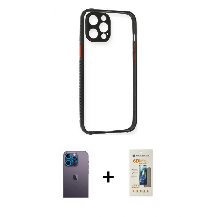 MARSİLYAN™- iPhone 12 Pro Kılıf Nova Asil Özel Seri - Siyah 6D Mat Seramik Hayalet Nano Ekran Koruyucu + Neon Fosforlu Kamera Lens - MI