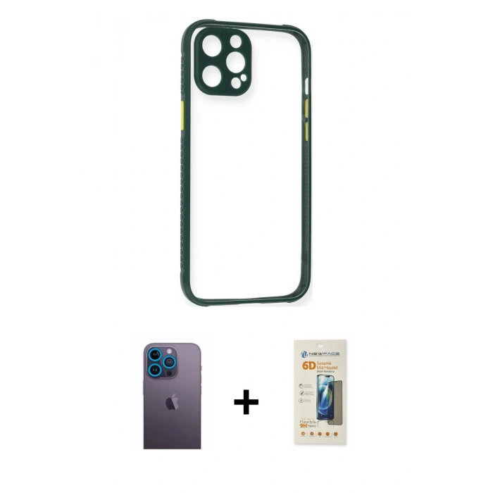 MARSİLYAN™- iPhone 12 Pro Kılıf Nova Asil Özel Seri - Siyah 6D Mat Seramik Hayalet Nano Ekran Koruyucu + Neon Fosforlu Kamera Lens - MI