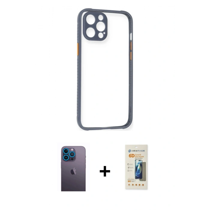 MARSİLYAN™- iPhone 12 Pro Kılıf Nova Asil Özel Seri - Siyah 6D Mat Seramik Hayalet Nano Ekran Koruyucu + Neon Fosforlu Kamera Lens - MI