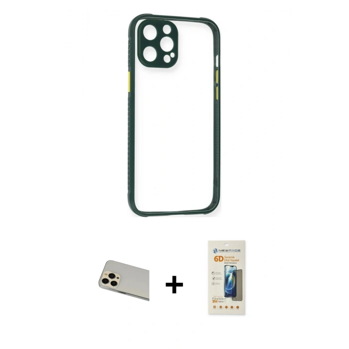 MARSİLYAN™- iPhone 12 Pro Kılıf Nova Asil Özel Seri - Siyah 6D Mat Seramik Hayalet Nano Ekran Koruyucu + Rainbow Kamera Lens Koruma Cam - GD