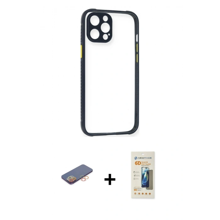 MARSİLYAN™- iPhone 12 Pro Kılıf Nova Asil Özel Seri - Siyah 6D Mat Seramik Hayalet Nano Ekran Koruyucu + Renkli Kamera Lens Koruma Cam - TU