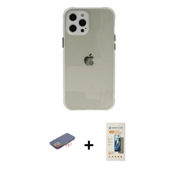 MARSİLYAN™- iPhone 12 Pro Kılıf Nova Asil Özel Seri - Siyah 6D Mat Seramik Hayalet Nano Ekran Koruyucu + Renkli Kamera Lens Koruma Cam - TU