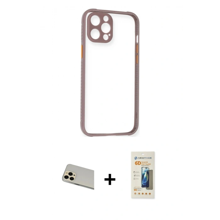 MARSİLYAN™- iPhone 12 Pro Kılıf Nova Asil Özel Seri - Siyah 6D Mat Seramik Hayalet Nano Ekran Koruyucu + Rainbow Kamera Lens Koruma Cam - GD